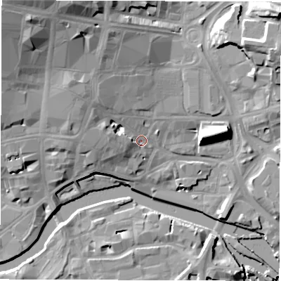 Shaded relief map of the ground around LS27DJ, computed from Environment Agency LiDAR. The ground here sits at about 30 m above sea level and falls 26 m across the surrounding 800 m. Surface water reaching this point runs off ground lying to the north-west, 8.4 m higher.