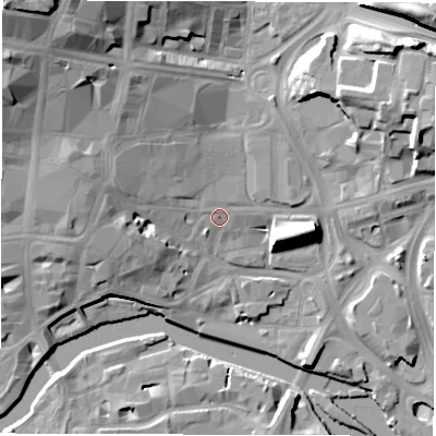 Shaded relief map of the ground around LS27DY, computed from Environment Agency LiDAR. The ground here sits at about 29 m above sea level and falls 28 m across the surrounding 800 m. Surface water reaching this point runs off ground lying to the north-west, 15.0 m higher.