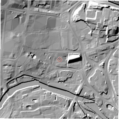 Shaded relief map of the ground around LS27ED, computed from Environment Agency LiDAR. The ground here sits at about 28 m above sea level and falls 25 m across the surrounding 800 m. Surface water reaching this point runs off ground lying to the west-north-west, 2.8 m higher.