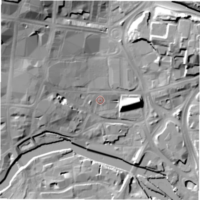 Shaded relief map of the ground around LS27EE, computed from Environment Agency LiDAR. The ground here sits at about 29 m above sea level and falls 27 m across the surrounding 800 m. Surface water reaching this point runs off ground lying to the west, 1.6 m higher.