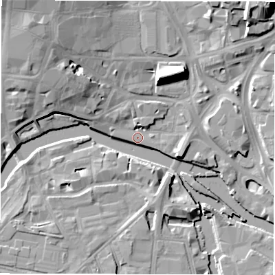 Shaded relief map of the ground around LS27EF, computed from Environment Agency LiDAR. The ground here sits at about 26 m above sea level and falls 17 m across the surrounding 800 m. Surface water reaching this point runs off ground lying to the north-west, 14.7 m higher.