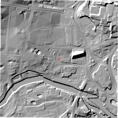 Shaded relief map of the ground around LS27EG, computed from Environment Agency LiDAR. The ground here sits at about 28 m above sea level and falls 24 m across the surrounding 800 m. Surface water reaching this point runs off ground lying to the west-north-west, 9.8 m higher.