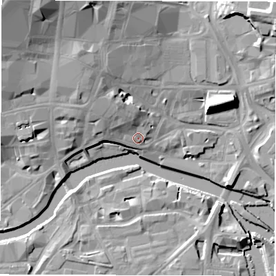 Shaded relief map of the ground around LS27EH, computed from Environment Agency LiDAR. The ground here sits at about 30 m above sea level and falls 24 m across the surrounding 800 m. Surface water reaching this point runs off ground lying to the north-west, 8.4 m higher.