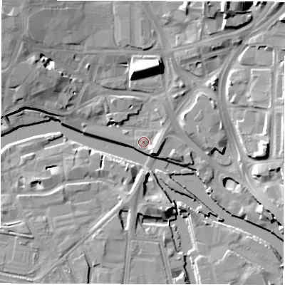 Shaded relief map of the ground around LS27EJ, computed from Environment Agency LiDAR. The ground here sits at about 26 m above sea level and falls 16 m across the surrounding 800 m. Surface water reaching this point runs off ground lying to the north-north-east, 13.3 m higher.