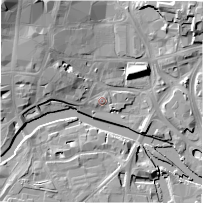 Shaded relief map of the ground around LS27EU, computed from Environment Agency LiDAR. The ground here sits at about 28 m above sea level and falls 22 m across the surrounding 800 m. Surface water reaching this point runs off ground lying to the north-north-east, 0.6 m higher.