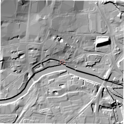 Shaded relief map of the ground around LS27EW, computed from Environment Agency LiDAR. The ground here sits at about 29 m above sea level and falls 23 m across the surrounding 800 m. Surface water reaching this point runs off ground lying to the north-north-west, 16.7 m higher.