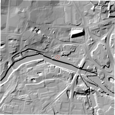 Shaded relief map of the ground around LS27EY, computed from Environment Agency LiDAR. The ground here sits at about 26 m above sea level and falls 18 m across the surrounding 800 m. Surface water reaching this point runs off ground lying to the north-west, 11.6 m higher.