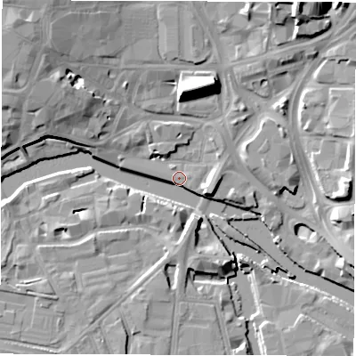 Shaded relief map of the ground around LS27EZ, computed from Environment Agency LiDAR. The ground here sits at about 26 m above sea level and falls 16 m across the surrounding 800 m. Surface water reaching this point runs off ground lying to the north-east, 14.7 m higher.