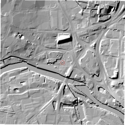 Shaded relief map of the ground around LS27HA, computed from Environment Agency LiDAR. The ground here sits at about 26 m above sea level and falls 17 m across the surrounding 800 m. Surface water reaching this point runs off ground lying to the north-west, 11.6 m higher.