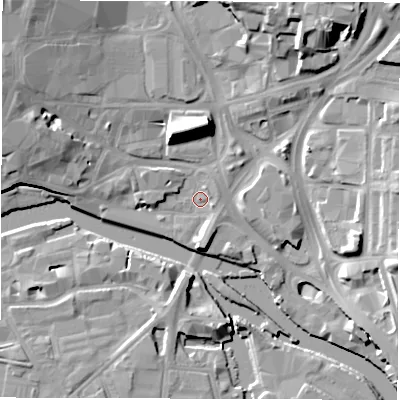 Shaded relief map of the ground around LS27HB, computed from Environment Agency LiDAR. The ground here sits at about 26 m above sea level and falls 17 m across the surrounding 800 m. Surface water reaching this point runs off ground lying to the north-east, 14.6 m higher.