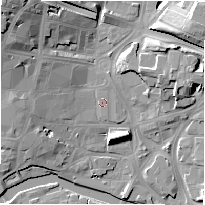 Shaded relief map of the ground around LS27HU, computed from Environment Agency LiDAR. The ground here sits at about 29 m above sea level and falls 28 m across the surrounding 800 m. Surface water reaching this point runs off ground lying to the north-west, 23.8 m higher.