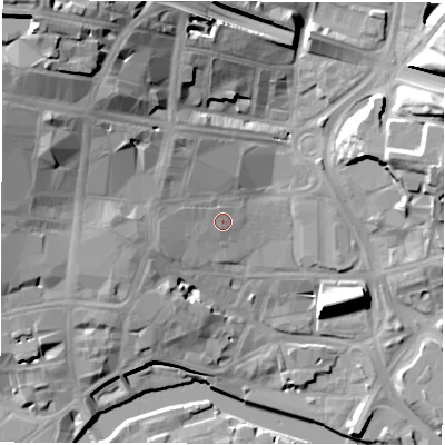 Shaded relief map of the ground around LS27JH, computed from Environment Agency LiDAR. The ground here sits at about 32 m above sea level and falls 31 m across the surrounding 800 m. Surface water reaching this point runs off ground lying to the west, 4.6 m higher.