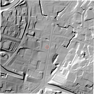 Shaded relief map of the ground around LS27JQ, computed from Environment Agency LiDAR. The ground here sits at about 32 m above sea level and falls 33 m across the surrounding 800 m. Surface water reaching this point runs off ground lying to the west-north-west, 10.5 m higher.
