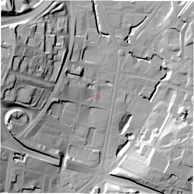 Shaded relief map of the ground around LS27JS, computed from Environment Agency LiDAR. The ground here sits at about 32 m above sea level and falls 35 m across the surrounding 800 m. Surface water reaching this point runs off ground lying to the west-north-west, 4.7 m higher.