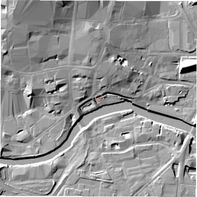 Shaded relief map of the ground around LS27JU, computed from Environment Agency LiDAR. The ground here sits at about 27 m above sea level and falls 22 m across the surrounding 800 m. Surface water reaching this point runs off ground lying to the north, 8.2 m higher.