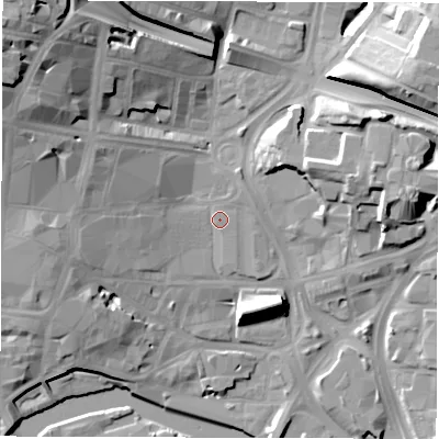 Shaded relief map of the ground around LS27LA, computed from Environment Agency LiDAR. The ground here sits at about 30 m above sea level and falls 29 m across the surrounding 800 m. Surface water reaching this point runs off ground lying to the north-west, 24.3 m higher.