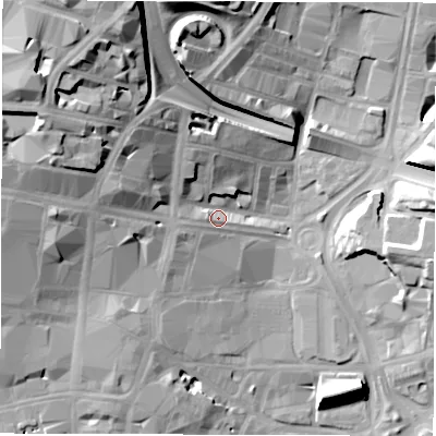 Shaded relief map of the ground around LS27LY, computed from Environment Agency LiDAR. The ground here sits at about 34 m above sea level and falls 35 m across the surrounding 800 m. Surface water reaching this point runs off ground lying to the north-west, 13.5 m higher.