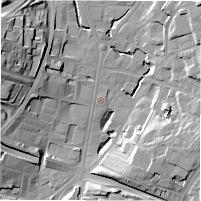 Shaded relief map of the ground around LS27NA, computed from Environment Agency LiDAR. The ground here sits at about 32 m above sea level and falls 29 m across the surrounding 800 m. Surface water reaching this point runs off ground lying to the north-north-east, 1.3 m higher.