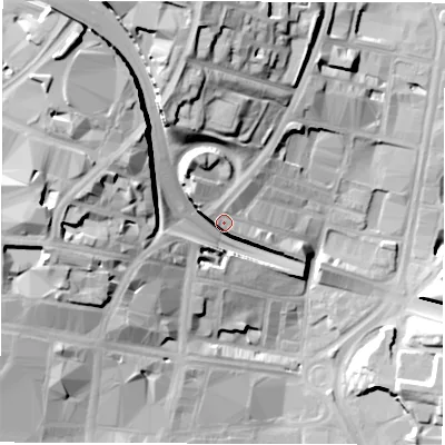 Shaded relief map of the ground around LS27PF, computed from Environment Agency LiDAR. The ground here sits at about 42 m above sea level and falls 39 m across the surrounding 800 m. Surface water reaching this point runs off ground lying to the north-west, 30.4 m higher.