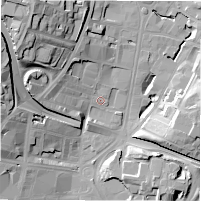 Shaded relief map of the ground around LS27PX, computed from Environment Agency LiDAR. The ground here sits at about 32 m above sea level and falls 34 m across the surrounding 800 m. Surface water reaching this point runs off ground lying to the west, 11.7 m higher.