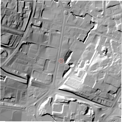 Shaded relief map of the ground around LS27QA, computed from Environment Agency LiDAR. The ground here sits at about 30 m above sea level and falls 31 m across the surrounding 800 m. Surface water reaching this point runs off ground lying to the north-west, 30.3 m higher.