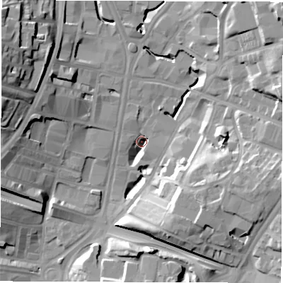 Shaded relief map of the ground around LS27QG, computed from Environment Agency LiDAR. The ground here sits at about 28 m above sea level and falls 26 m across the surrounding 800 m. Surface water reaching this point runs off ground lying to the north-west, 25.9 m higher.
