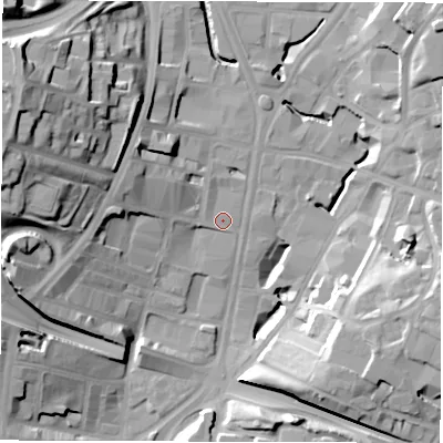 Shaded relief map of the ground around LS27QJ, computed from Environment Agency LiDAR. The ground here sits at about 32 m above sea level and falls 33 m across the surrounding 800 m. Surface water reaching this point runs off ground lying to the west-north-west, 26.7 m higher.
