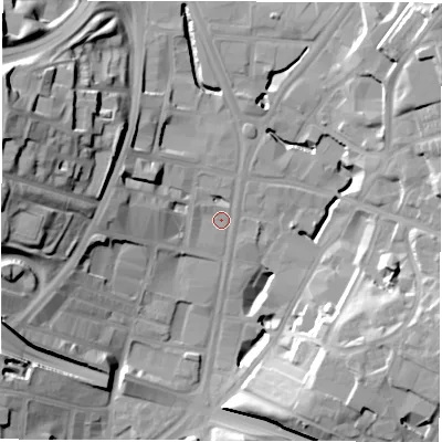 Shaded relief map of the ground around LS27QN, computed from Environment Agency LiDAR. The ground here sits at about 32 m above sea level and falls 33 m across the surrounding 800 m. Surface water reaching this point runs off ground lying to the west-north-west, 10.5 m higher.