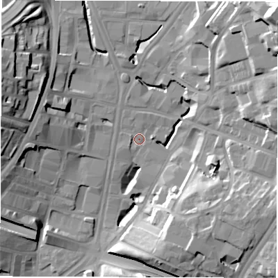 Shaded relief map of the ground around LS27QQ, computed from Environment Agency LiDAR. The ground here sits at about 31 m above sea level and falls 33 m across the surrounding 800 m. Surface water reaching this point runs off ground lying to the north-east, 31.7 m higher.