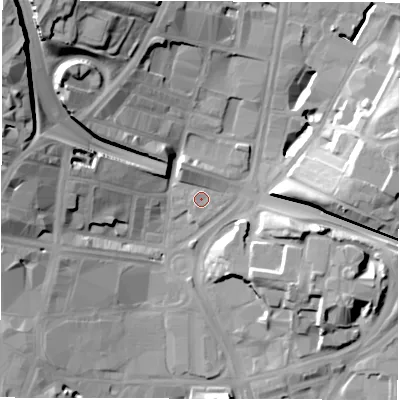 Shaded relief map of the ground around LS27QX, computed from Environment Agency LiDAR. The ground here sits at about 30 m above sea level and falls 32 m across the surrounding 800 m. Surface water reaching this point runs off ground lying to the north-east, 2.0 m higher.