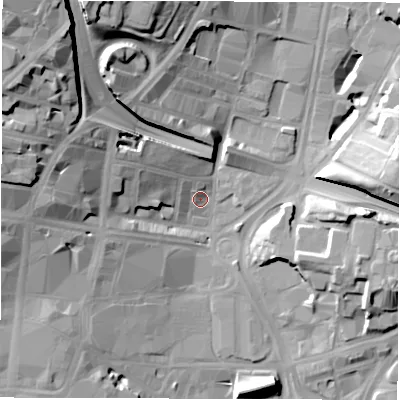 Shaded relief map of the ground around LS27QZ, computed from Environment Agency LiDAR. The ground here sits at about 30 m above sea level and falls 36 m across the surrounding 800 m. Surface water reaching this point runs off ground lying to the west-north-west, 21.7 m higher.