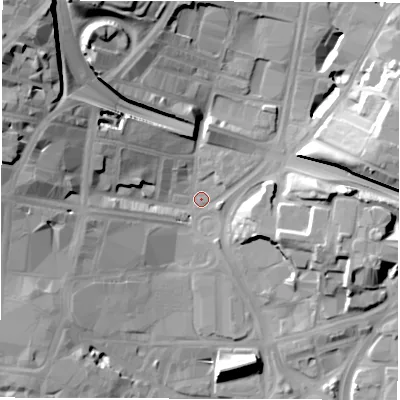 Shaded relief map of the ground around LS27RD, computed from Environment Agency LiDAR. The ground here sits at about 29 m above sea level and falls 33 m across the surrounding 800 m. Surface water reaching this point runs off ground lying to the west-north-west, 19.4 m higher.