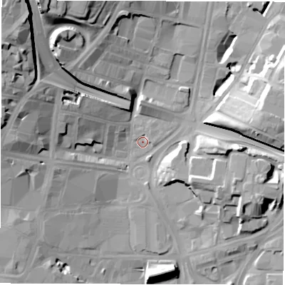Shaded relief map of the ground around LS27RE, computed from Environment Agency LiDAR. The ground here sits at about 29 m above sea level and falls 33 m across the surrounding 800 m. Surface water reaching this point runs off ground lying to the north-west, 30.4 m higher.