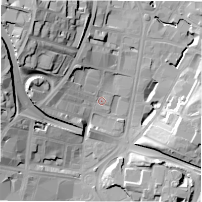 Shaded relief map of the ground around LS27SA, computed from Environment Agency LiDAR. The ground here sits at about 32 m above sea level and falls 35 m across the surrounding 800 m. Surface water reaching this point runs off ground lying to the west-north-west, 9.3 m higher.