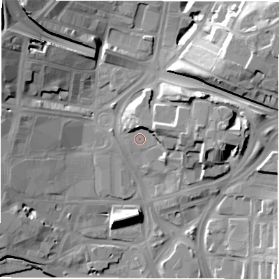 Shaded relief map of the ground around LS27UP, computed from Environment Agency LiDAR. The ground here sits at about 30 m above sea level and falls 26 m across the surrounding 800 m. The ground contributing surface water to this point lies to the south.