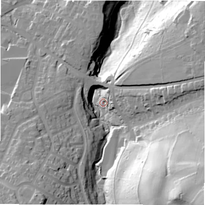 Shaded relief map of the ground around LS285RX, computed from Environment Agency LiDAR. The ground here sits at about 86 m above sea level and falls 98 m across the surrounding 800 m. Surface water reaching this point runs off ground lying to the south-south-west, 21.8 m higher.