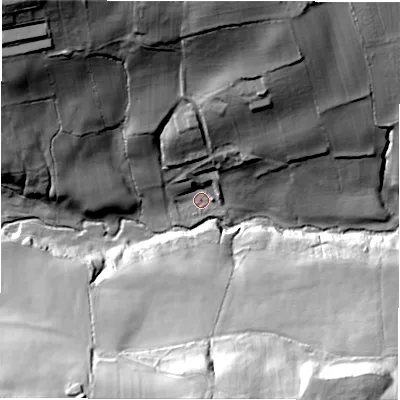 Shaded relief map of the ground around LS288FH, computed from Environment Agency LiDAR. The ground here sits at about 84 m above sea level and falls 65 m across the surrounding 800 m. Surface water reaching this point runs off ground lying to the north-north-east, 28.8 m higher.