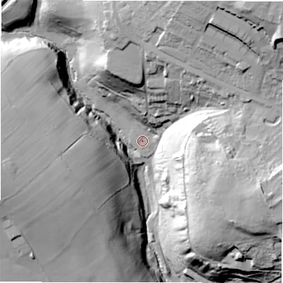 Shaded relief map of the ground around LS288LL, computed from Environment Agency LiDAR. The ground here sits at about 130 m above sea level and falls 76 m across the surrounding 800 m. Surface water reaching this point runs off ground lying to the north-north-east, 58.8 m higher.