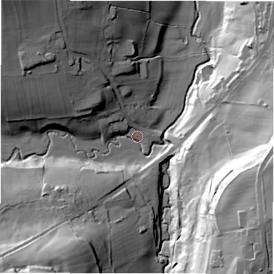 Shaded relief map of the ground around LS289LE, computed from Environment Agency LiDAR. The ground here sits at about 76 m above sea level and falls 59 m across the surrounding 800 m. Surface water reaching this point runs off ground lying to the south-west, 49.2 m higher.