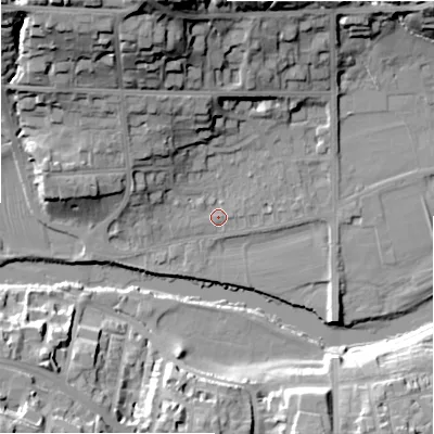 Shaded relief map of the ground around LS290AA, computed from Environment Agency LiDAR. The ground here sits at about 74 m above sea level and falls 33 m across the surrounding 800 m. Surface water reaching this point runs off ground lying to the north-west, 1.2 m higher.