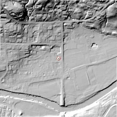 Shaded relief map of the ground around LS290AD, computed from Environment Agency LiDAR. The ground here sits at about 74 m above sea level and falls 51 m across the surrounding 800 m. Surface water reaching this point runs off ground lying to the north-west, 48.5 m higher.
