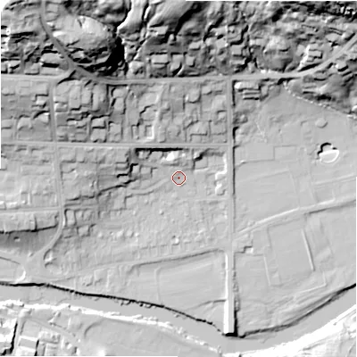 Shaded relief map of the ground around LS290AE, computed from Environment Agency LiDAR. The ground here sits at about 74 m above sea level and falls 57 m across the surrounding 800 m. Surface water reaching this point runs off ground lying to the west-north-west, 12.0 m higher.