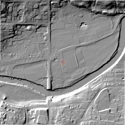 Shaded relief map of the ground around LS290AF, computed from Environment Agency LiDAR. The ground here sits at about 73 m above sea level and falls 29 m across the surrounding 800 m. Surface water reaching this point runs off ground lying to the west-south-west, 1.6 m higher.