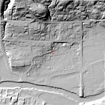 Shaded relief map of the ground around LS290AG, computed from Environment Agency LiDAR. The ground here sits at about 76 m above sea level and falls 54 m across the surrounding 800 m. Surface water reaching this point runs off ground lying to the north-west, 8.8 m higher.