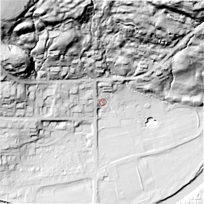 Shaded relief map of the ground around LS290AH, computed from Environment Agency LiDAR. The ground here sits at about 76 m above sea level and falls 77 m across the surrounding 800 m. Surface water reaching this point runs off ground lying to the north-north-west, 62.5 m higher.
