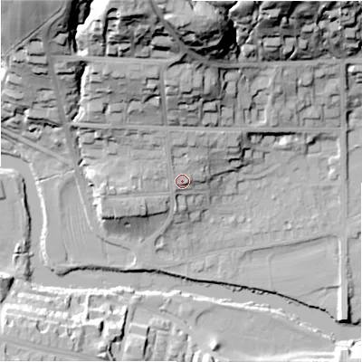 Shaded relief map of the ground around LS290AL, computed from Environment Agency LiDAR. The ground here sits at about 82 m above sea level and falls 51 m across the surrounding 800 m. Surface water reaching this point runs off ground lying to the north-north-west, 7.1 m higher.