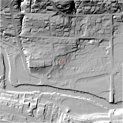 Shaded relief map of the ground around LS290AN, computed from Environment Agency LiDAR. The ground here sits at about 77 m above sea level and falls 48 m across the surrounding 800 m. Surface water reaching this point runs off ground lying to the north-north-west, 10.2 m higher.