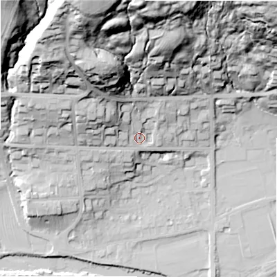 Shaded relief map of the ground around LS290AQ, computed from Environment Agency LiDAR. The ground here sits at about 82 m above sea level and falls 71 m across the surrounding 800 m. Surface water reaching this point runs off ground lying to the north-north-west, 61.0 m higher.