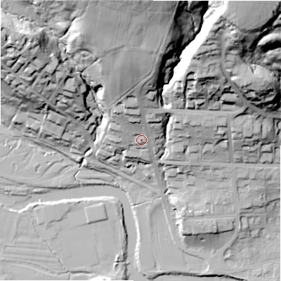 Shaded relief map of the ground around LS290AR, computed from Environment Agency LiDAR. The ground here sits at about 91 m above sea level and falls 75 m across the surrounding 800 m. Surface water reaching this point runs off ground lying to the north, 50.3 m higher.