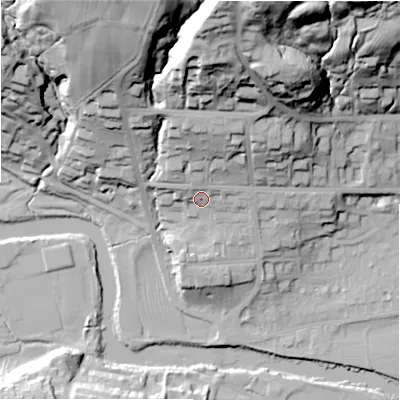 Shaded relief map of the ground around LS290AT, computed from Environment Agency LiDAR. The ground here sits at about 85 m above sea level and falls 63 m across the surrounding 800 m. Surface water reaching this point runs off ground lying to the north, 15.3 m higher.